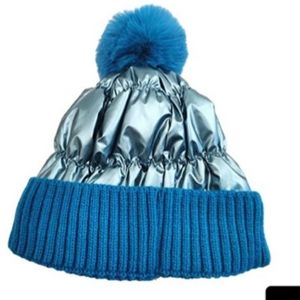 Blue Fleece Lined Fur Pom Pom Winter Beanie Hat Fashion Statement Accessories